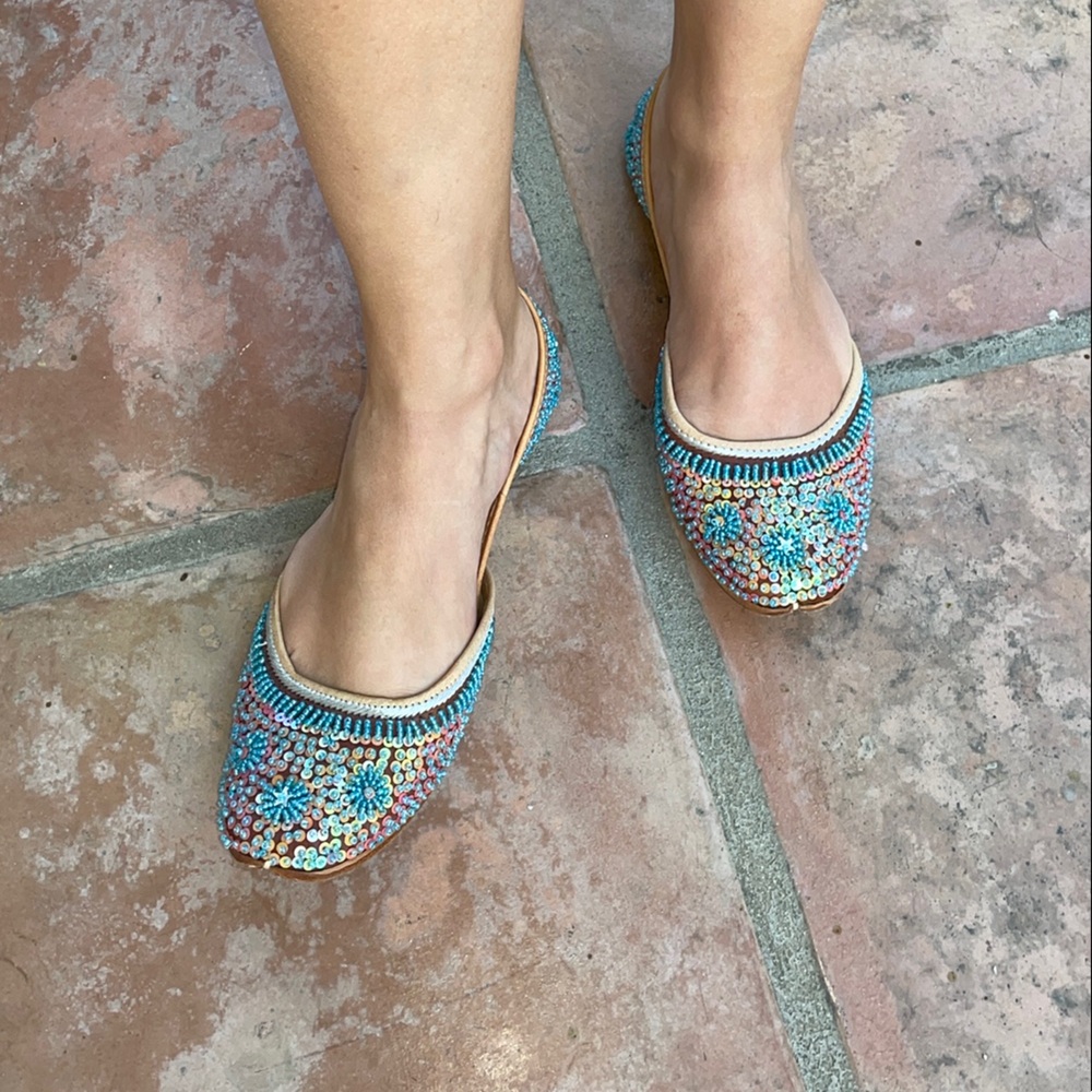 Embroidered Blue and Tan Women's Flats
